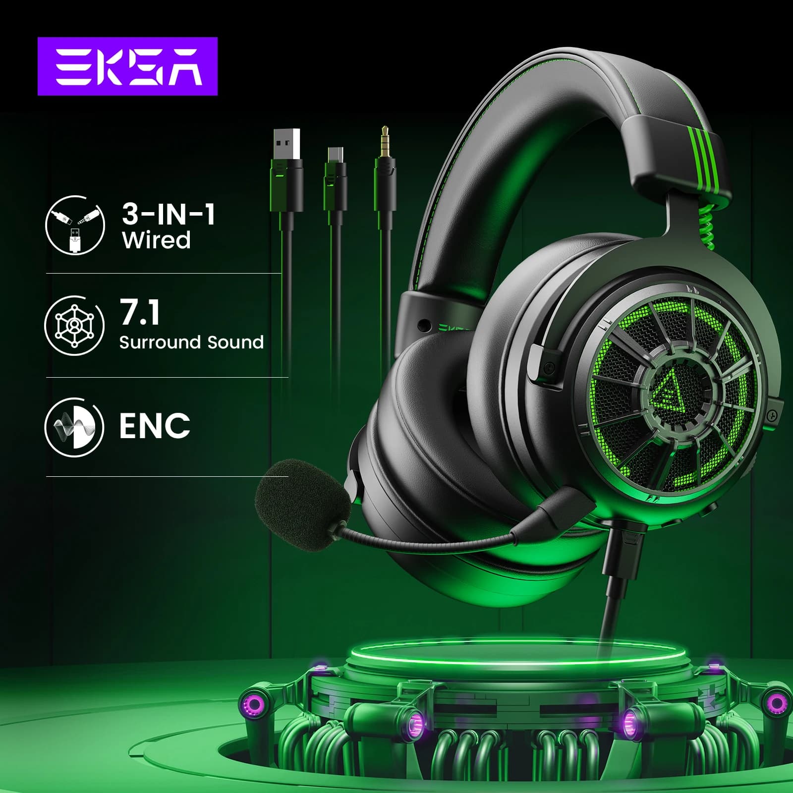Cuffie da Gaming EKSA E5000 Pro per PC/PS4/Xbox/Switch, Headset Cablato 7.1 con Microfono ENC, Cavo Staccabile USB/Type C/3.5mm