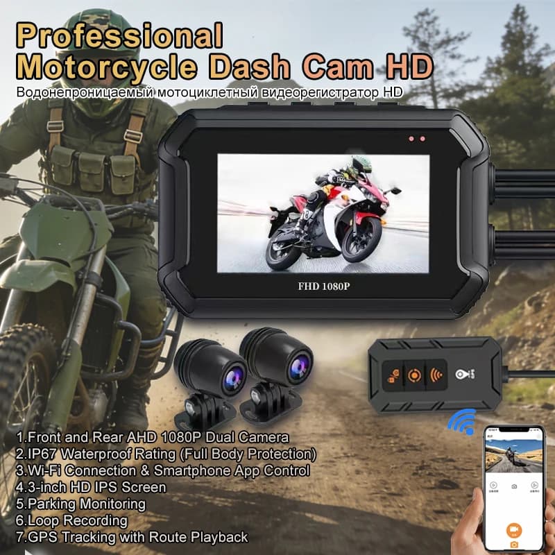 Dash Cam per moto 1080P Doppia fotocamera WiFi Monitoraggio del parcheggio Full Body Registrazione in loop impermeabile GPS DVR anteriore posteriore