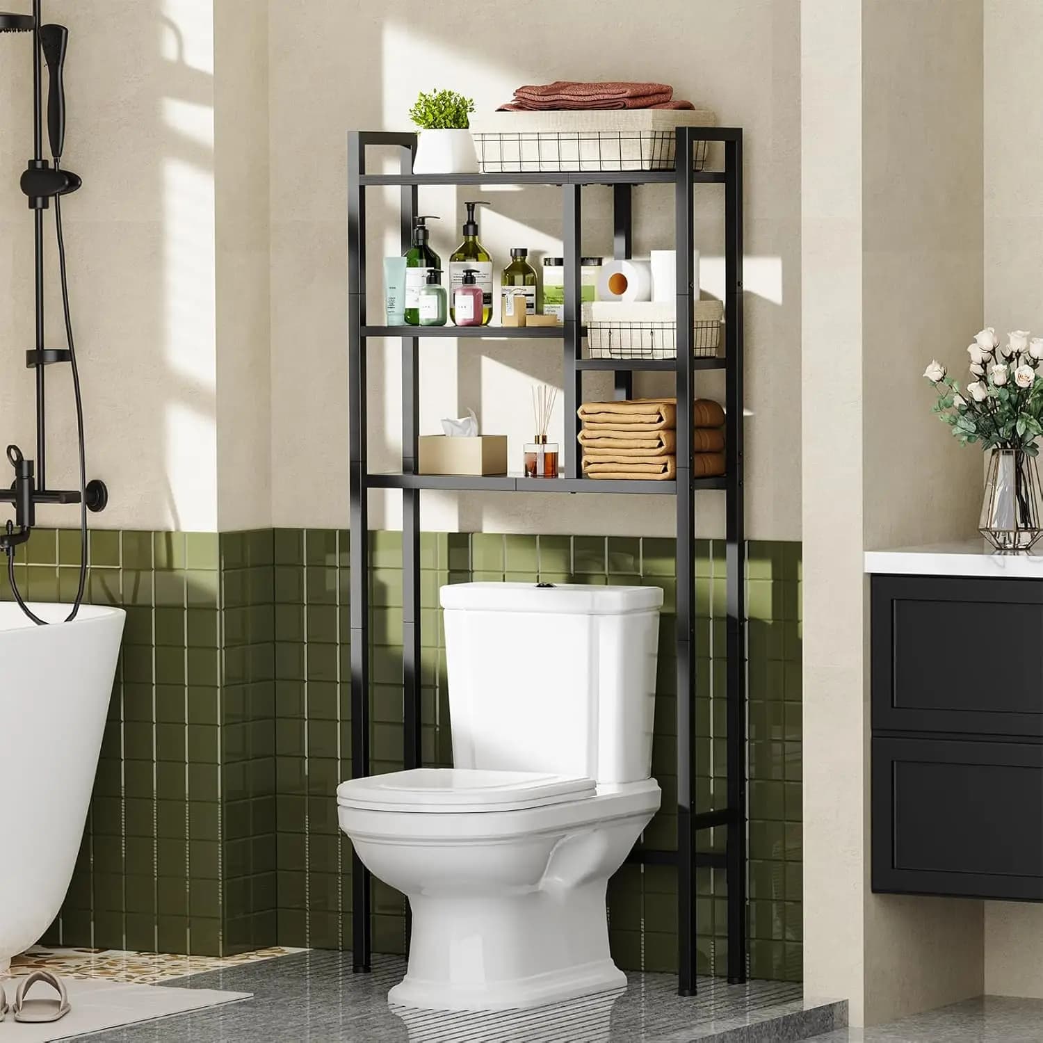Scaffale portaoggetti da bagno a 3 livelli sopra il WC, organizer in legno salvaspazio, autoportante
