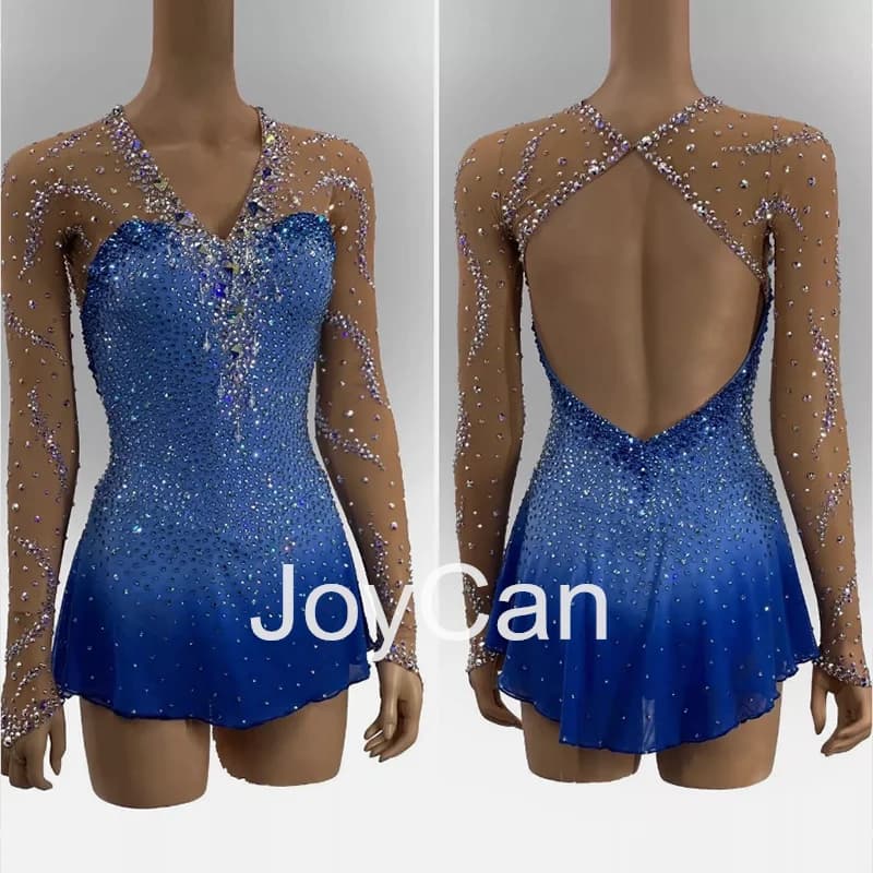 Abito da Pattinaggio Artistico JoyCan per Ragazze, Blu in Spandex Elasticizzato e Rete, Abbigliamento da Competizione Personalizzato