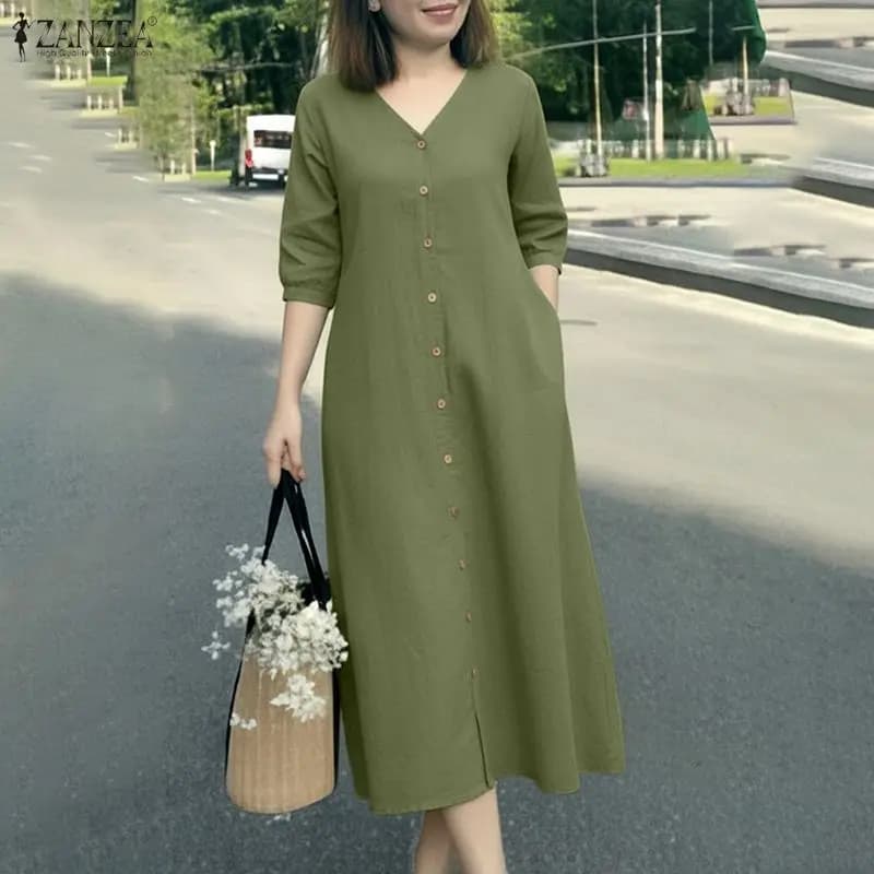 ZANZEA Women's long casual summer dress with V-neck, 3/4 sleeves, decorative buttons and hem with slit, casual dress with solid color for everyday