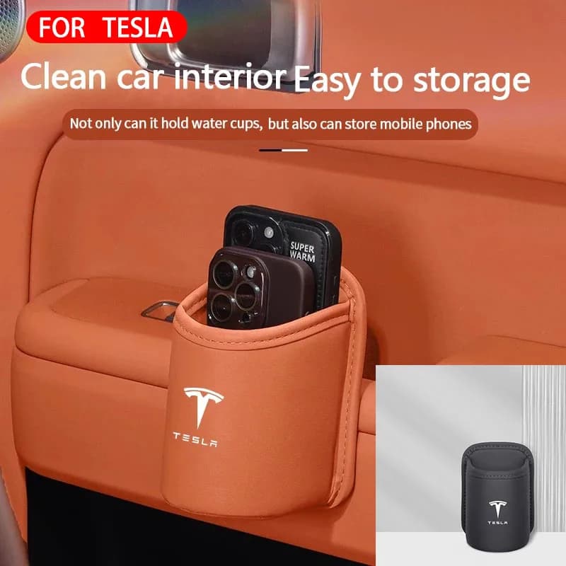 Portabicchieri e portaoggetti in pelle PU per interni auto, con logo Tesla, per modelli X, Y, 3, S, P75D, P85D, Roadster, adesivo per auto
