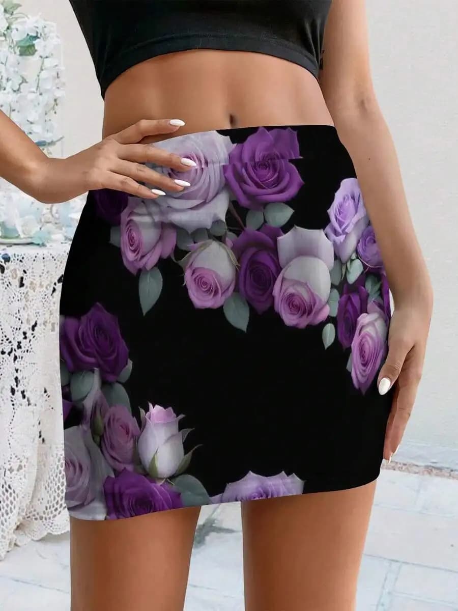 Women Summer Bodycon Skirt Elegant Black Bodysuit Skirt Purple Rose Floral Print Stylish Casual Top Spring Summer Outfits