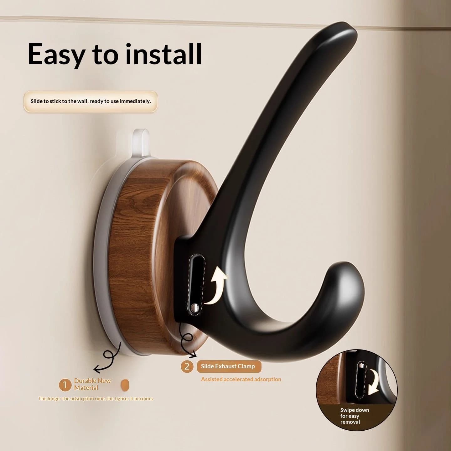 Wood Grain Vacuum Suction Cup Hook Wall Mounted Heavy Duty Coat Hook Reusable Removable Hanger for Bathroom Door Back Storage