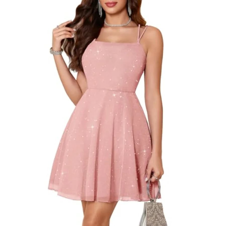 Meetjen Women's Sparkly Prom Dresses Formal Off Shoulder Tea Party V-Neck Spaghetti Straps A-line Sequin Cocktai Dress