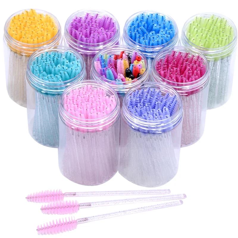 Ingrosso 50 pcs/flacone Brushes Disposable for Extension Eyelashes with Glitter and Container - Scovolini per Mascara e Micro Eyelashes