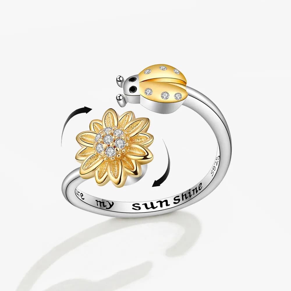 Anello Antistress Regolabile a Forma di Coccinella e Girasole per Donne, con Incisione Personalizzata, Anello Girevole in Metallo Antistress