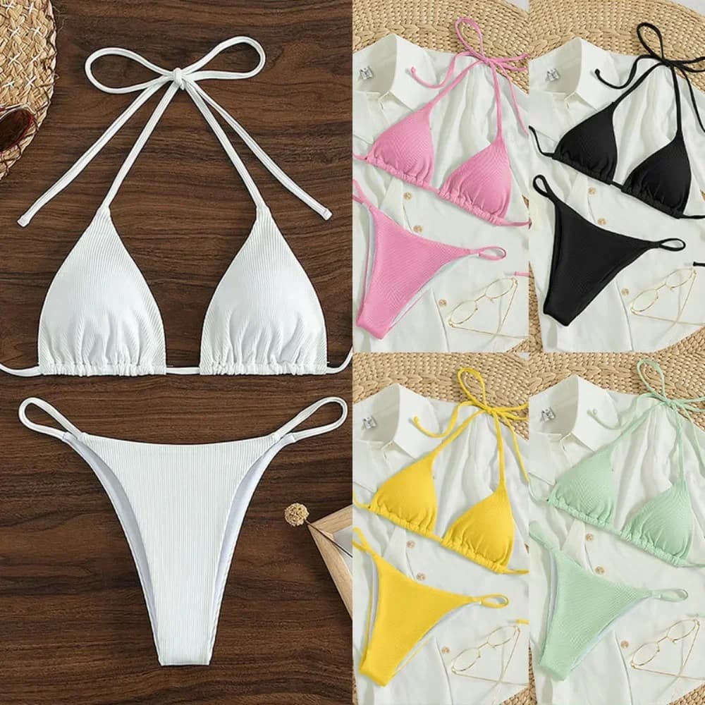 Sexy Women Sweatshirt Solid Color Bikini Set Side Halter Tie Swimwear Woman Split Strap Swimwear Brazilian Adjustable Beachwear