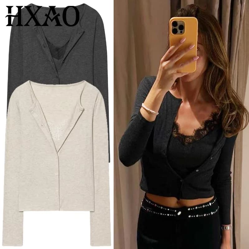 HXAO Cropped Lace Top Woman Blouses Autumn Grey Beige Shirts & Blouses Fitted Long Sleeve Button Up Shirts Korean Style Blouses