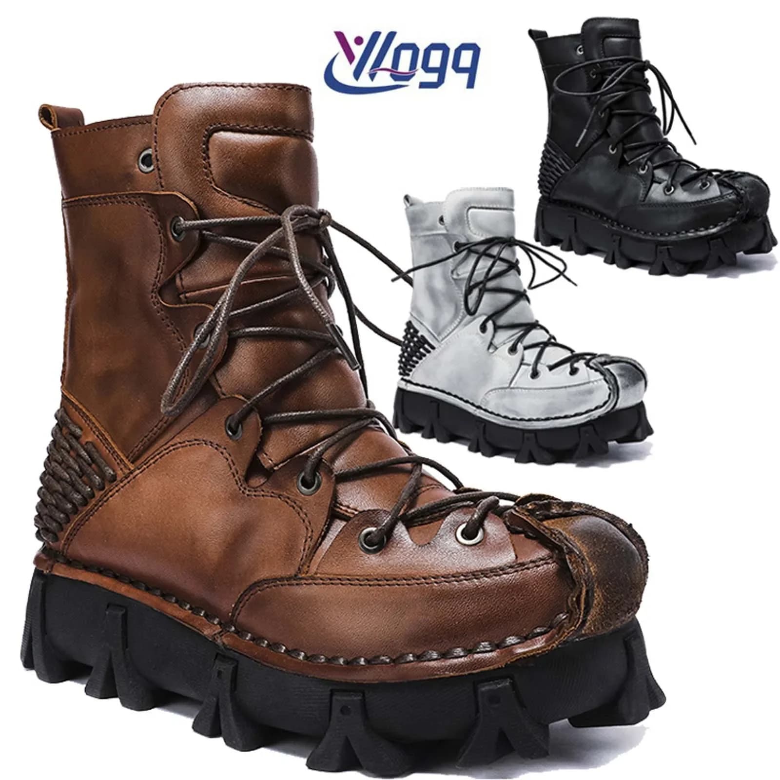 Stivali da moto in vera pelle alla moda, scarpe alte in pelle con suola spessa, stivali western lavorati, stivali da neve con lacci in maglia