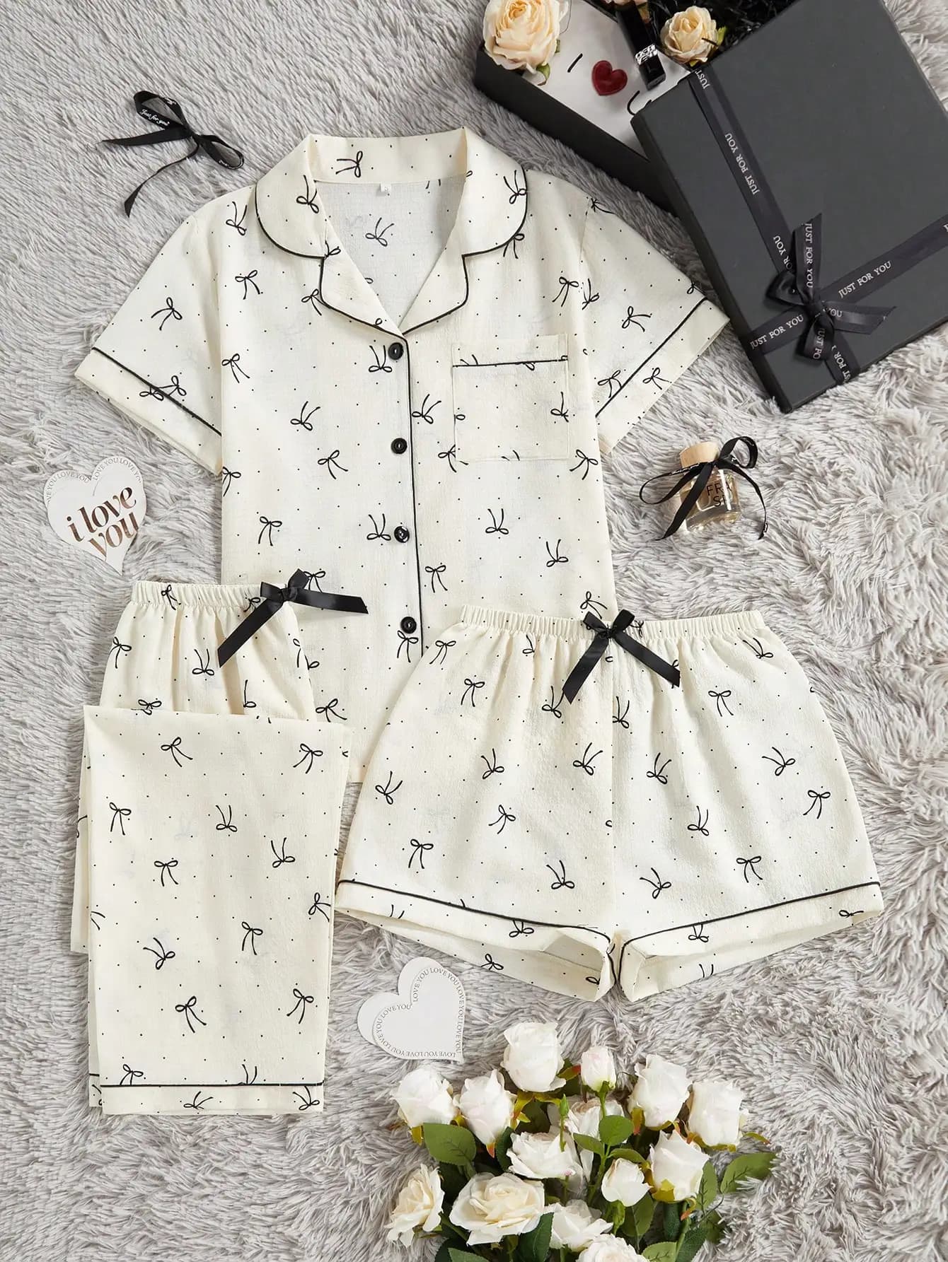 Set pigiama da donna 3 pezzi, casual, con stampa a pois, tasche, bottoni frontali, maniche corte, top e pantaloncini/pantaloni, primavera/estate