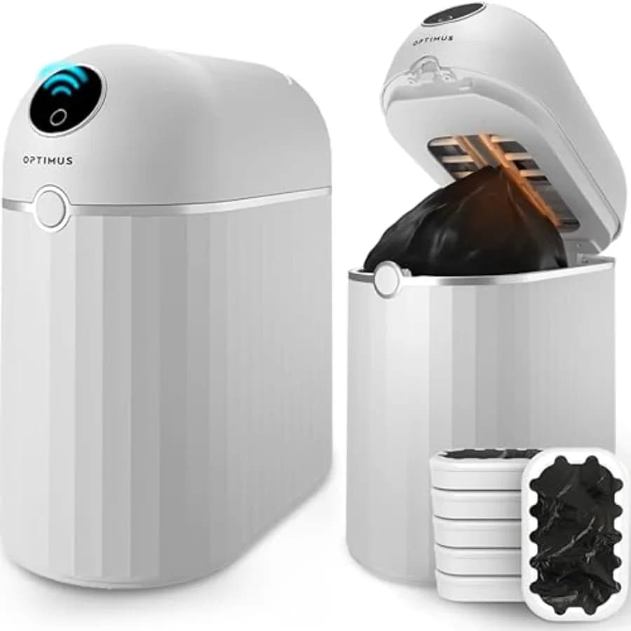 Cestino automatico senza contatto per uso in cucina, in plastica bianca, con sensore di movimento e funzione di chiusura automatica.