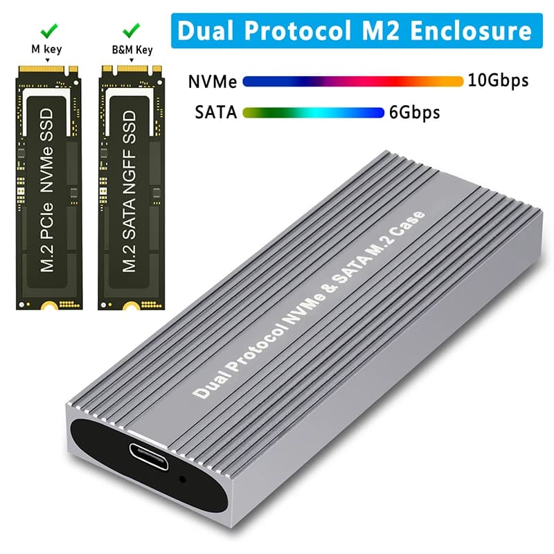 Custodia SSD a doppio protocollo custodia M.2 SATA NVME SSD custodia esterna JMS581D Chip Tool Free per chiave M/B + M 2230 2242 2260 2280 M2 SSD