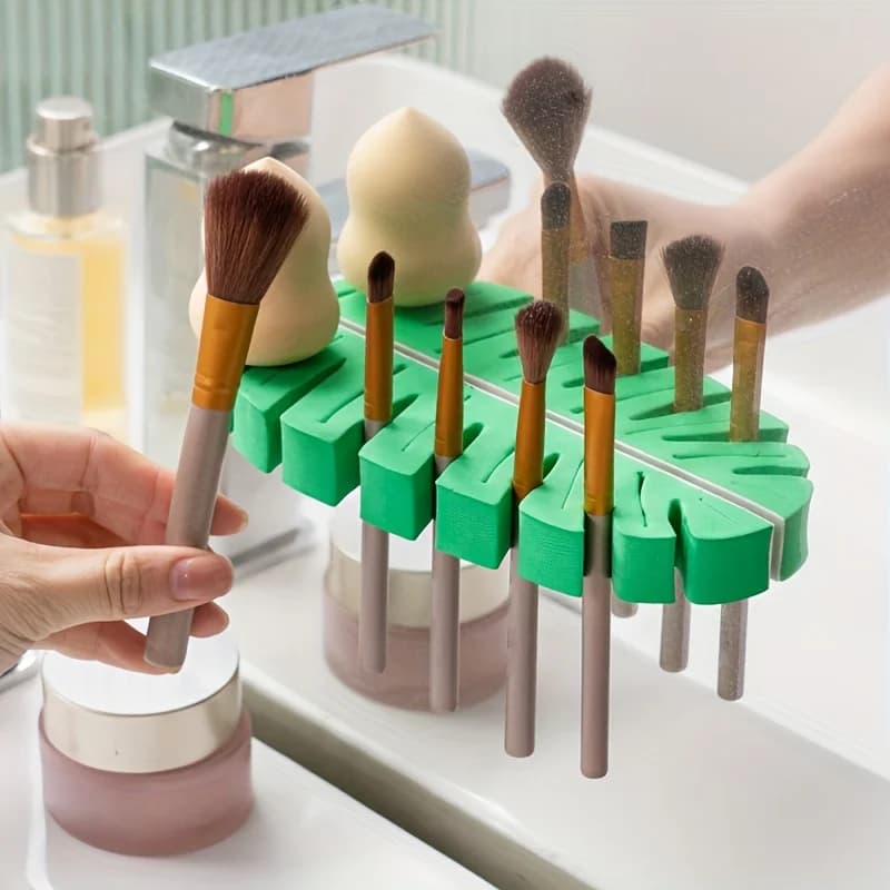 1 porta pennelli da trucco a forma di foglia per il bagno, porta spazzolini da denti, supporto per la pulizia e l'asciugatura.