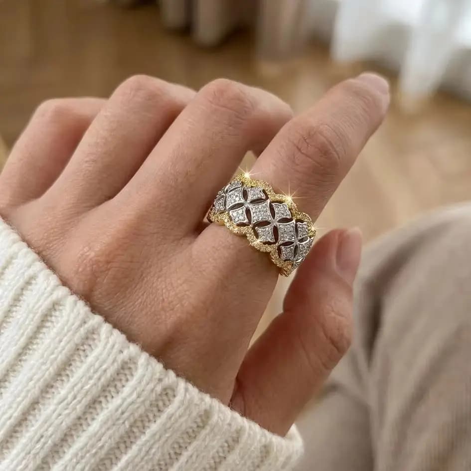Anelli di Lusso Bicolore con Zirconia Cubica per Donne e Uomini, Design a Foglia Traforata, Anello Largo, Gioielli Hip Hop Rock per Feste