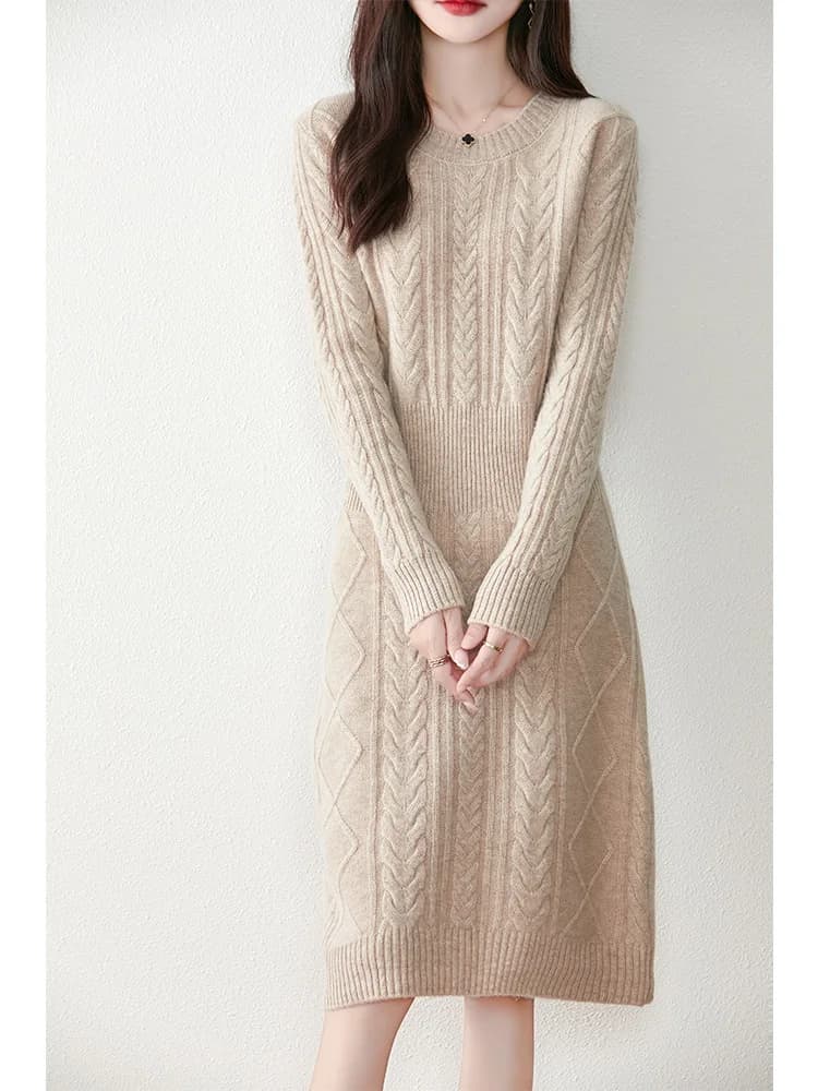 Abito lavorato a maglia in pura lana da donna, vita, cravatta, girocollo, elegante, Casual, pendolarismo, moda, maglione, autunno/inverno 2024