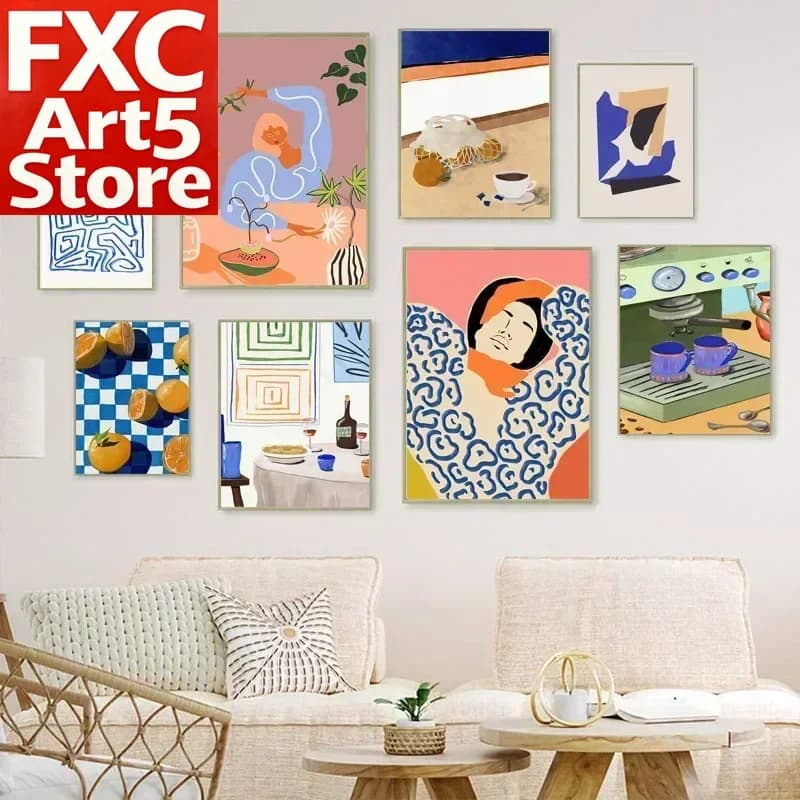 1PC Frameless Abstract Geometry Line Girl Coffee Maker Fruit Canvas Painting Posters and Prints Wall Art Living Room Interior Ho