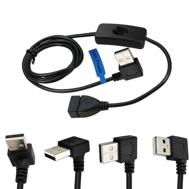 USB 2.0 A male-female 90° angled extension cable (right/left/low/top) with ON/OFF switch for charging and data transfer for laptop and LED