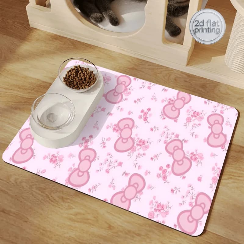 Tappetino Assorbente per Cibo di Cani e Gatti con Motivi Floreali e Fiocchi | Tappetino Antiscivolo per l'Alimentazione dei Cani