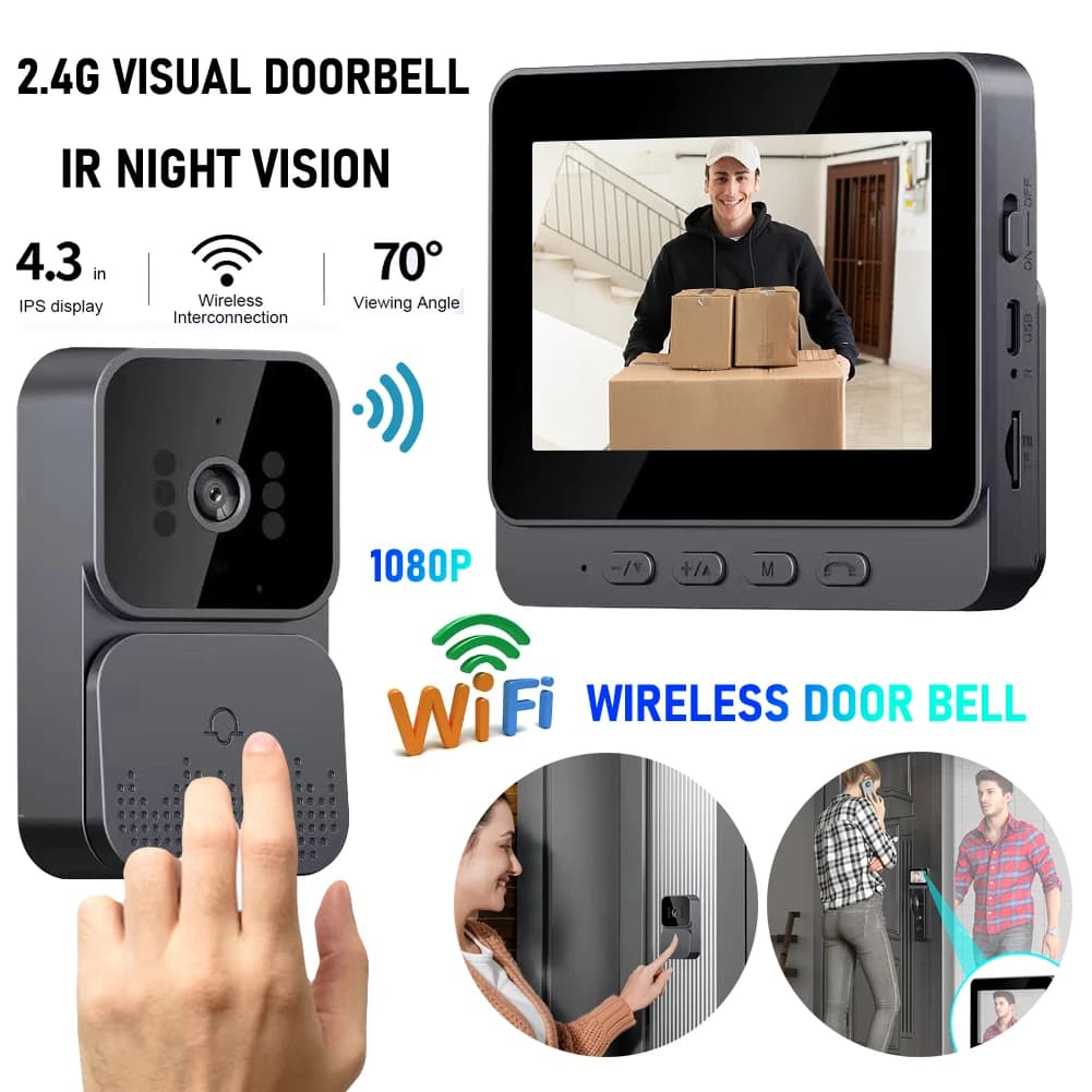 1080P WiFi Video campanello videocitofono campanello senza fili IR visione notturna schermo IPS da 4.3 pollici 2 vie 2.4G per Villa Home Office