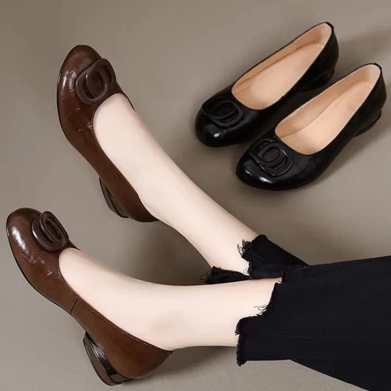 Women's shoes with round and medium heel 3-5 cm, PU, slip-on, low, comfortable, soft, light, casual, for everyday, with rubber sole