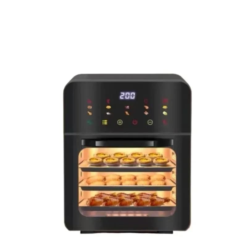 Countertop air fryer oven with rotating rotisserie, preheating function, LED display, and stainless steel material