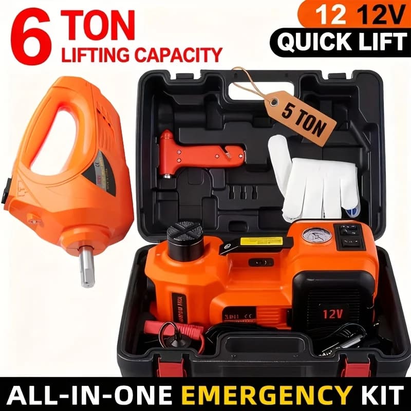Set Martinetto Elettrico per Auto KD FANS 12V - Set Martinetto Elettrico Portatile da 5 Tonnellate/11.000 Libbre, Kit di Emergenza Stradale per Fuoristrada con Chiave Sollevabile e Compressore d'Aria per Sostituzione Pneumatici e Manutenzione in Garage, Senza Batteria