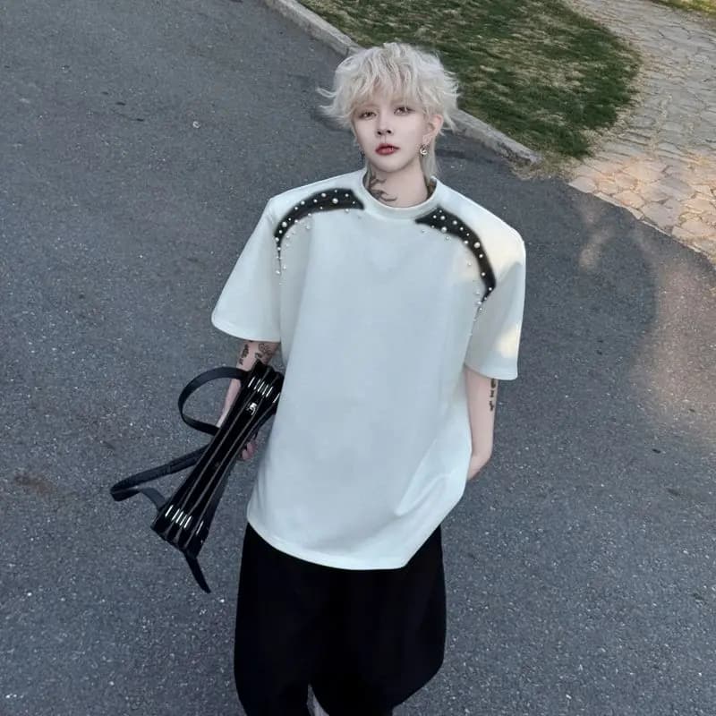 American Style Pearl Spray Painted round Neck Short Sleeve Men's T-shirt Cleanfit Five Sleeve Summer Trendy Brand Casual Cotton