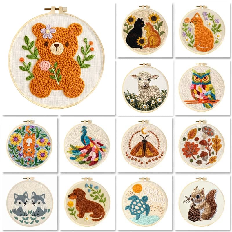 GATYZTORY Animal DIY Punch Needle Embroidery Set For Beginner Rug for Starter Kits Fabric Yarn Hoop Craft Painting Bear Pattern