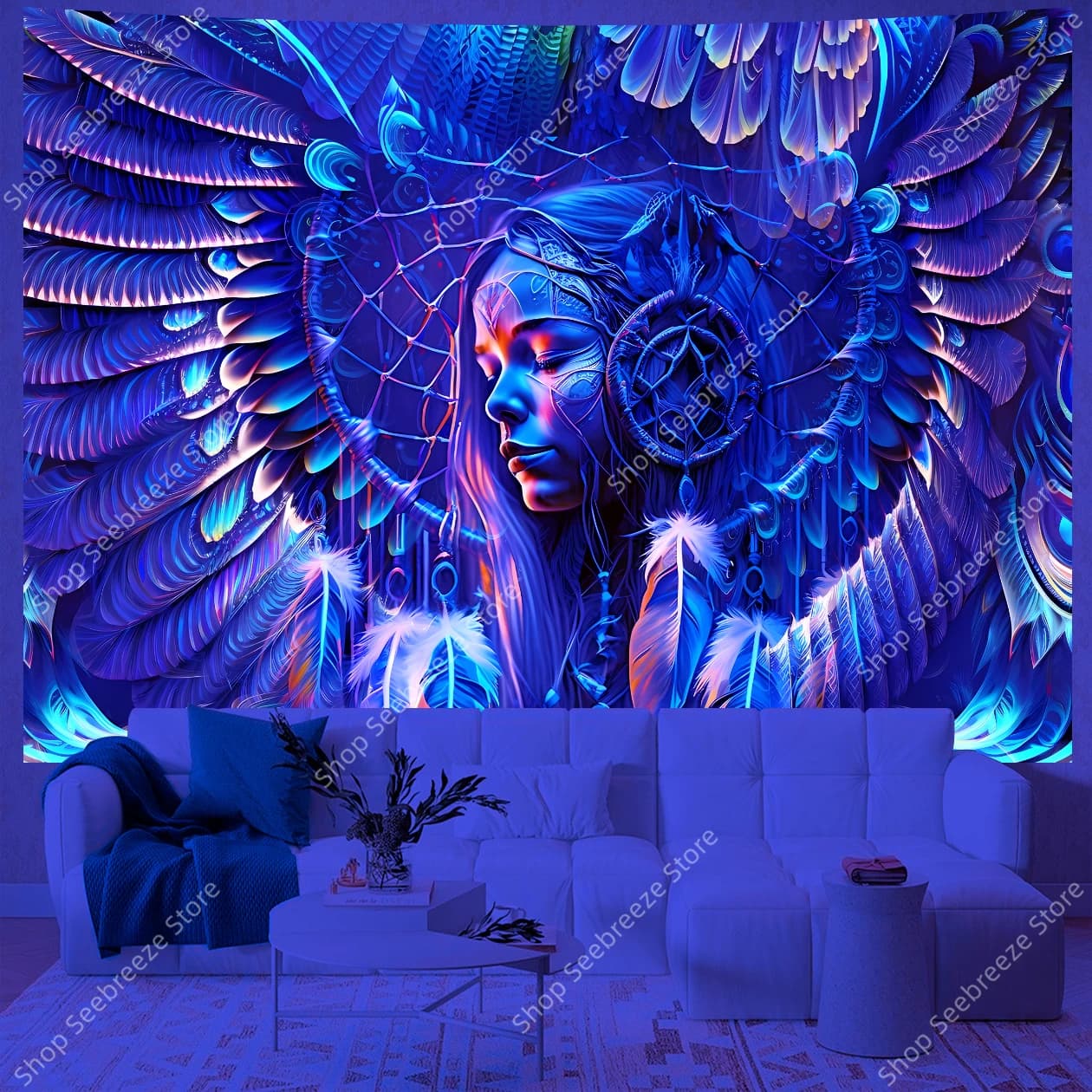 Enchanted Dreamcatcher UV Tapestry with Winged Goddess and Vibrant Feathers Boho Chic Wall Art for Bedroom Living Room Decor
