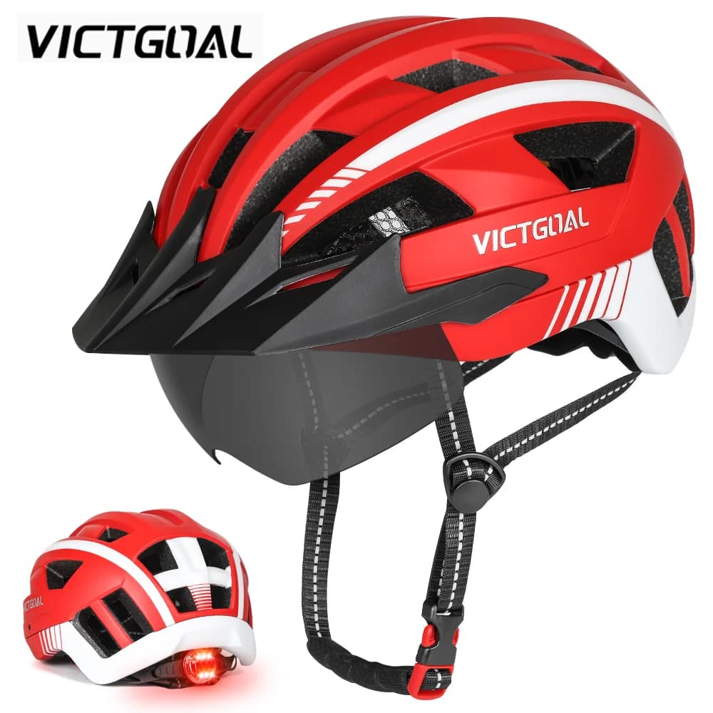 VICTGOAL LED Bike Helmet with Sun Visor Goggle for Men Women Scooter MTB Road Cycling Helmets Adjustable Bicycle Safety Caps