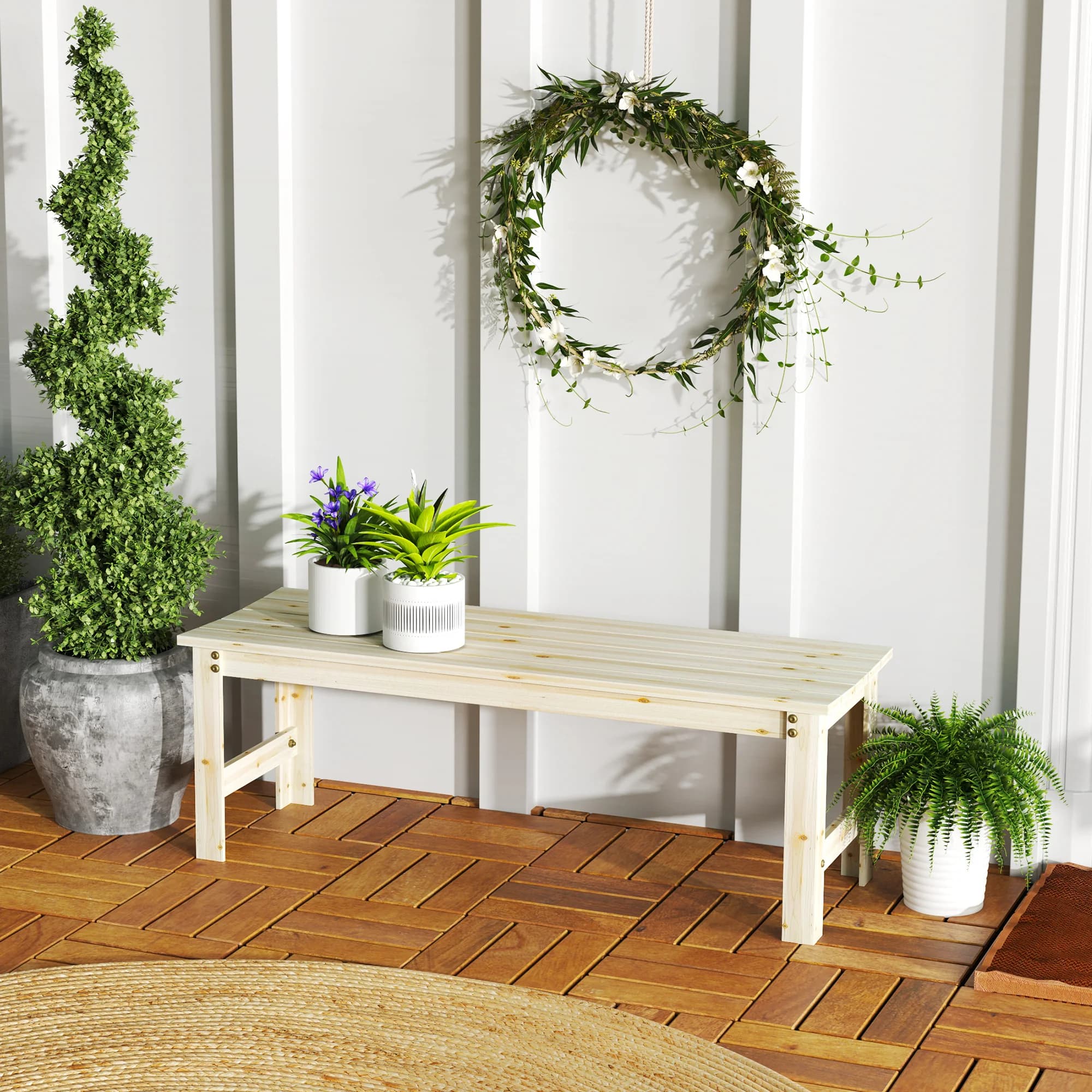 2-Seat Wood Garden Bench, Slated Patio Bench Outdoor Bench, Nature Wood