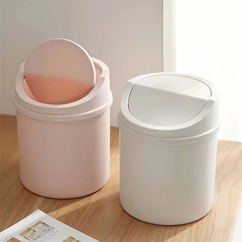 Mini Desktop Trash Can with Lid - Cylindrical Tabletop Waste Bin, Easy To Clean Screw-Off Cap for Office and Coffee Bar