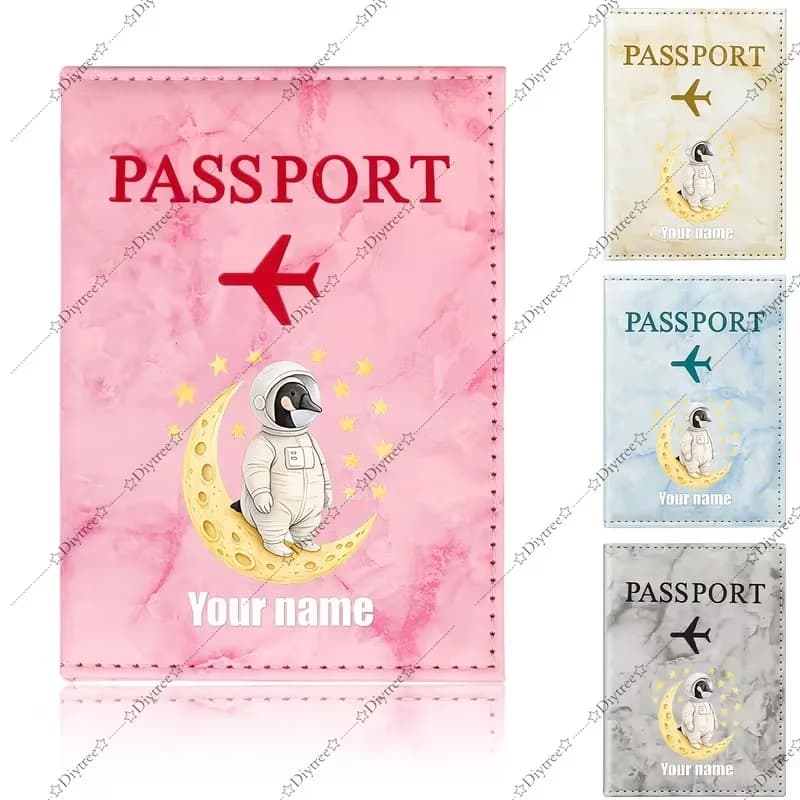 Personalized Name/Initials Penguin Astronaut Passport Holder - Suitable for Travel & Daily Storage, Adorable Space-Themed Design