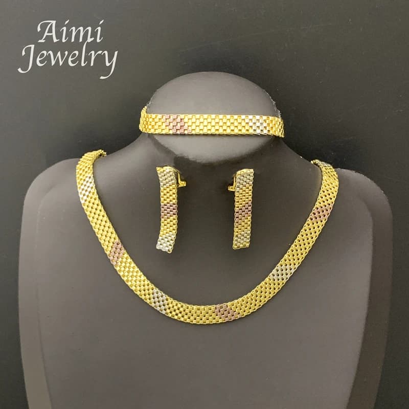 Semplice collana placcata in oro, orecchini, bracciale, set di gioielli per le donne, set di gioielli italiani, matrimonio nuziale, regali per feste africane