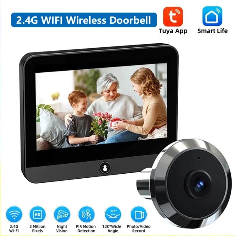 Tuya WiFi Campanello senza fili Telecamera di sorveglianza HD Rilevazione movimento PIR Visione notturna Videocitofono ricaricabile da 4,3 pollici