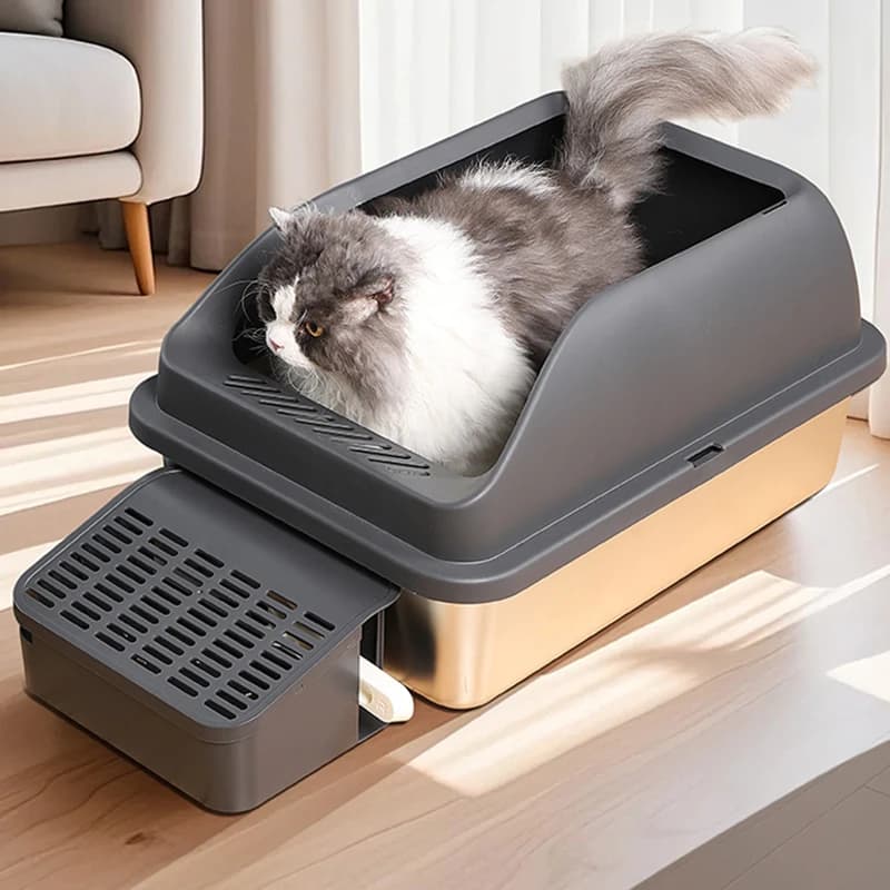 Nuova lettiera per gatti in acciaio inossidabile Lettiera per gatti extra large a prova di spruzzi ad alta recinzione Lettiera aperta Toilette per gatti