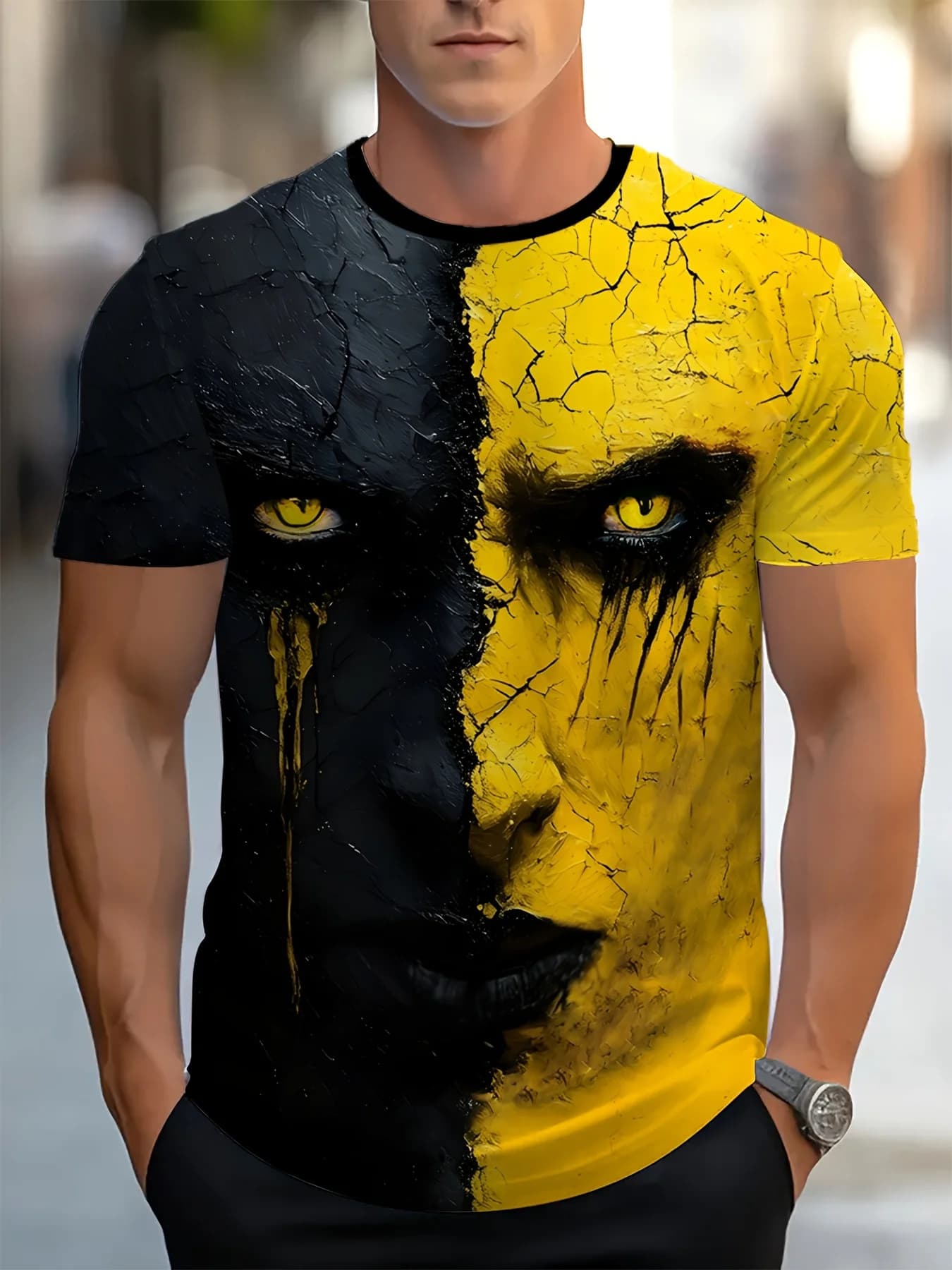 Men's 3D Evil Demon Mask Pattern T-shirt, Black and Yellow Dramatic Face Print, Casual Short-Sleeve Summer Top