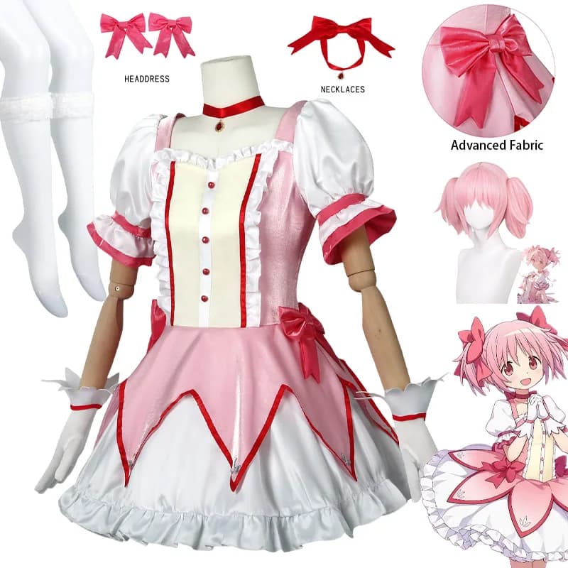 Puella Magi Madoka Magica Kaname Madoka Costume Cosplay Parrucca Kaname Madoka Rosa Abito da ballo corto Halloween Party Uniform Outfit