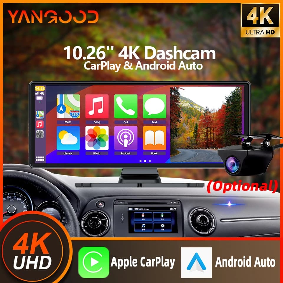Yangood 4K Dashcam 10.26 inch Android Auto & Carplay infotainment system 1080P GPS rear camera WIFI Bluetooth Car recorder