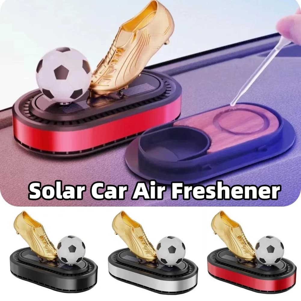 Solar Powered Rotating Football Car Air Freshener, Golden Boot Soccer Car Perfume Ornament, Car Fragrance Dashboard Decoration