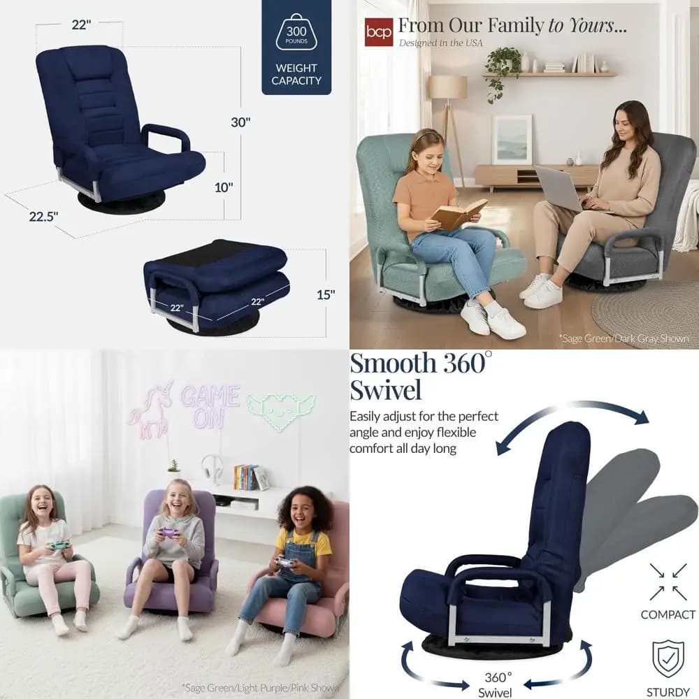 360 ° Sedia Girevole Ergonomica con Supporto Lombare per Gaming, TV, Lettura - Schienale e Braccioli Regolabili, Blu Navy