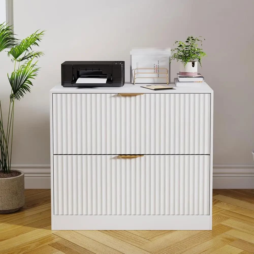 Cassettiera Orizzontale a Doppio Cassetto con Finitura in Legno, Maniglia in Metallo per Formato A4/Letter, Adatta per Casa, Ufficio, Soggiorno - Bianca