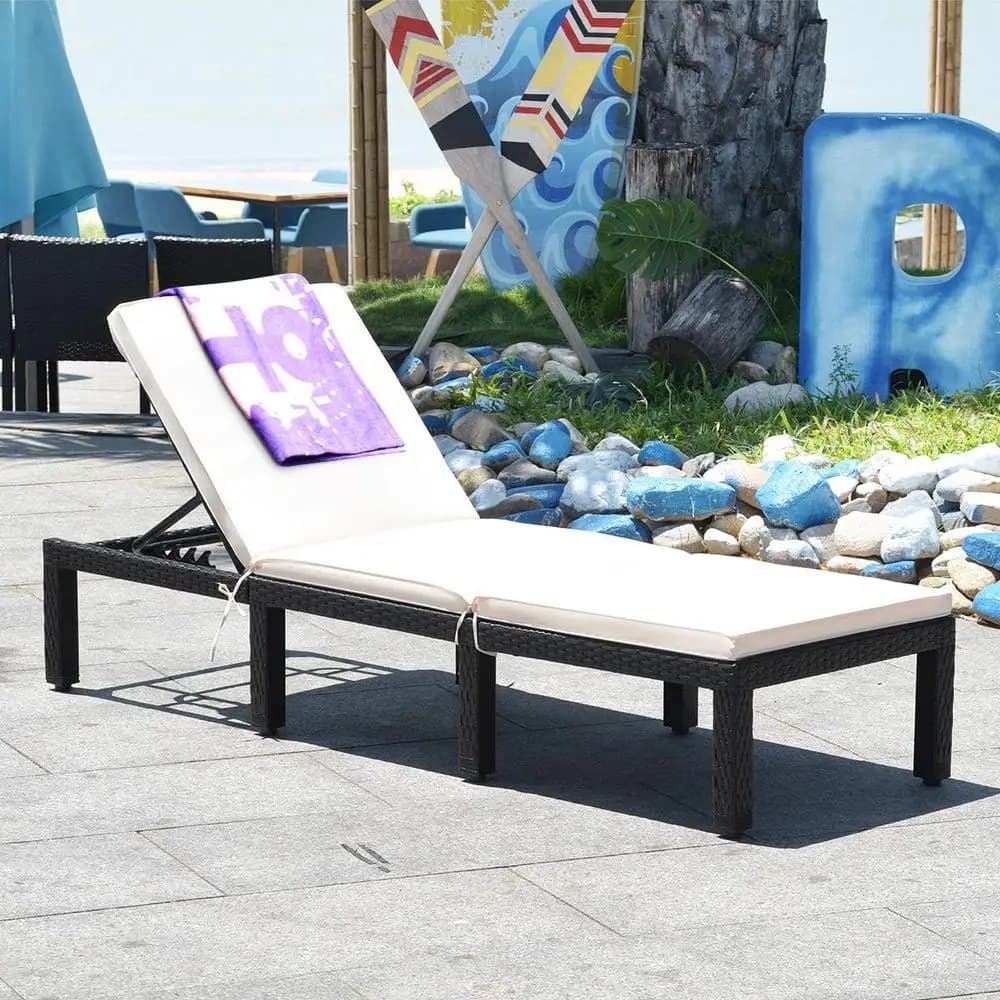 Patio Rattan Lounge Chair Outdoor Adjustable Reclining Wicker Chaise Chair with Backrest & Cushion