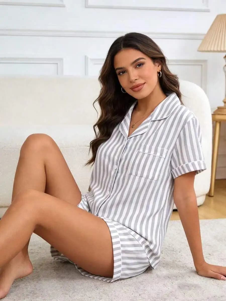 Grey And White Striped Pajama Set Short Sleeve Top And Shorts Soft Breathable Loungewear
