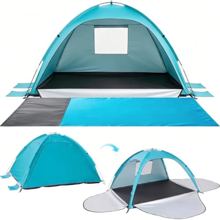Tenda da Spiaggia con Tappetino Esteso - Protezione UV UPF 50+, 3 Porte, Facile da Montare, Tenda Ombreggiante Portatile per Spiaggia