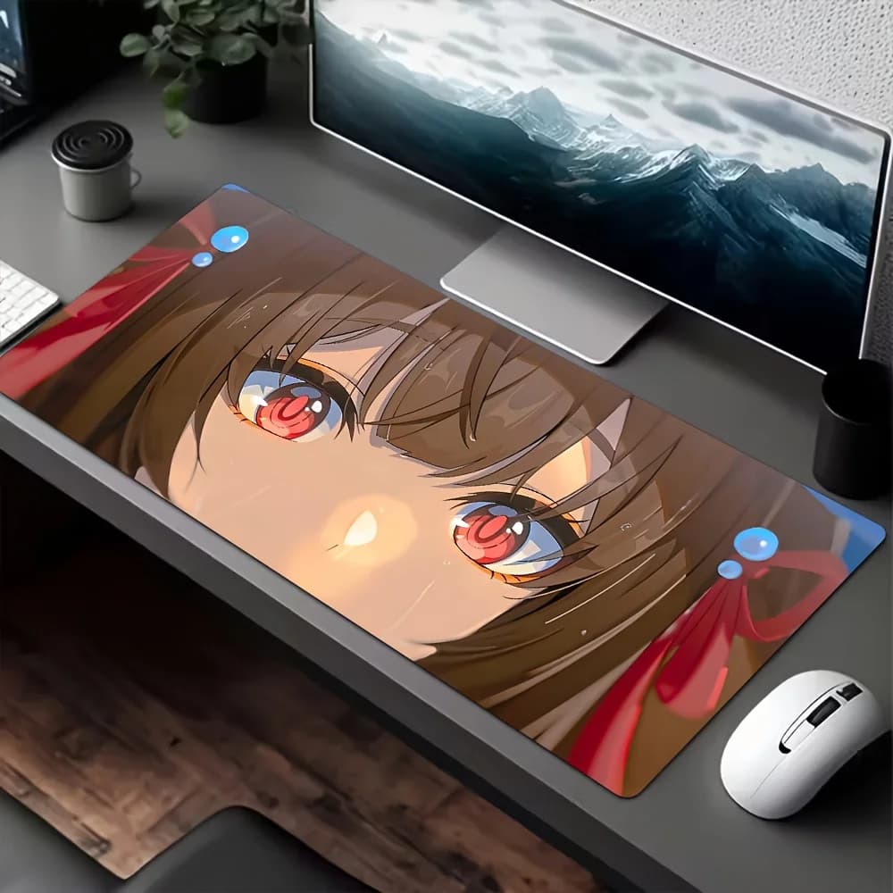 Simpatico tappetino da scrivania grande con ragazza dai capelli castani e occhi rossi, tappetino per mouse da gioco liscio e resistente per giocatori