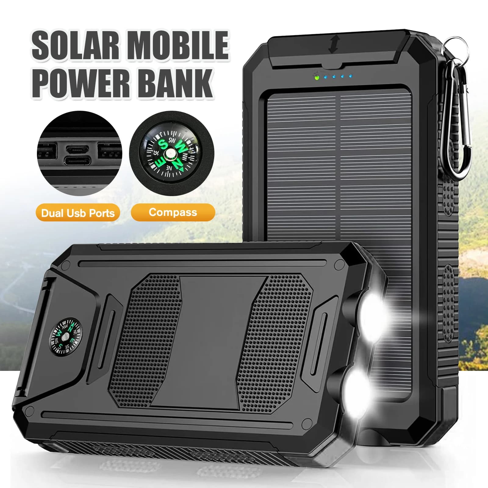 10000mAh Solar Power Bank Portable Waterproof Outdoor Double 5V 1A USB Ports Fast charging LED Flashlight for iPhone tablet