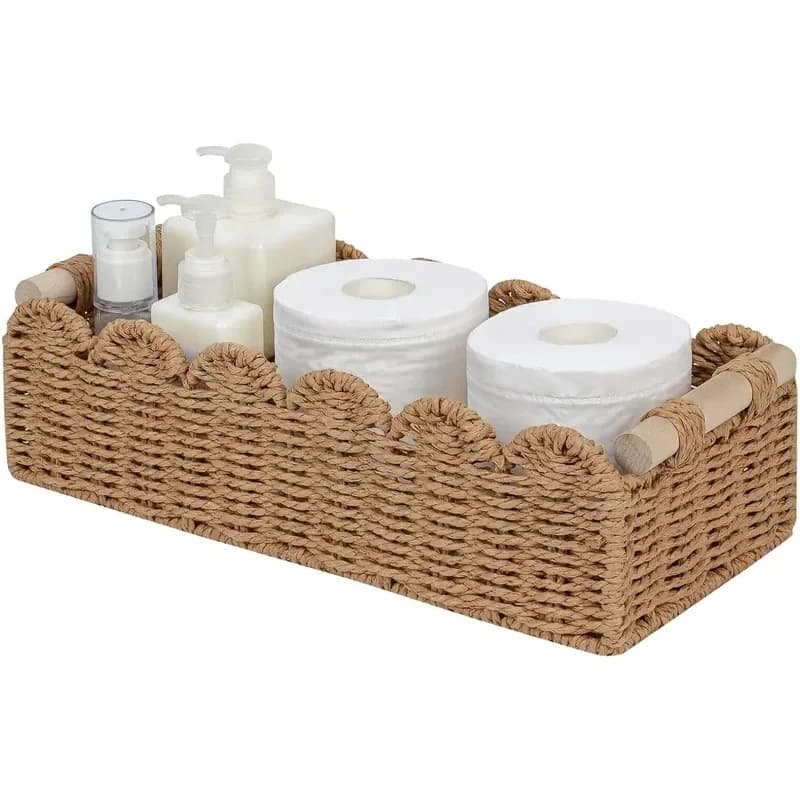 Paper Rope Scalloped Edge Toilet Paper Storage Basket Home Decor for Over Toilet Storage Shelf End Table Shelves 2 Wooden Handle