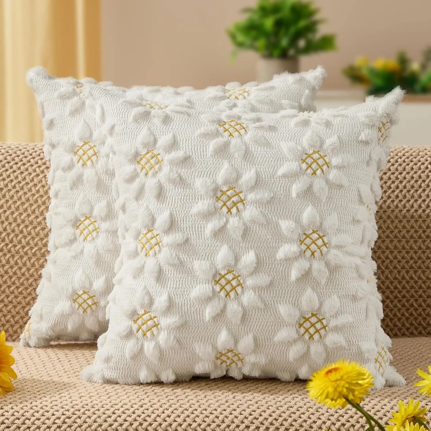 18x18 Spring Summer Pillow Covers Set of 2 Farmhouse Decor Yellow Flower Heart Sunflower Soft Plush Faux Fur Jacquard Throw Pillows for Sofa Holiday Home Decor